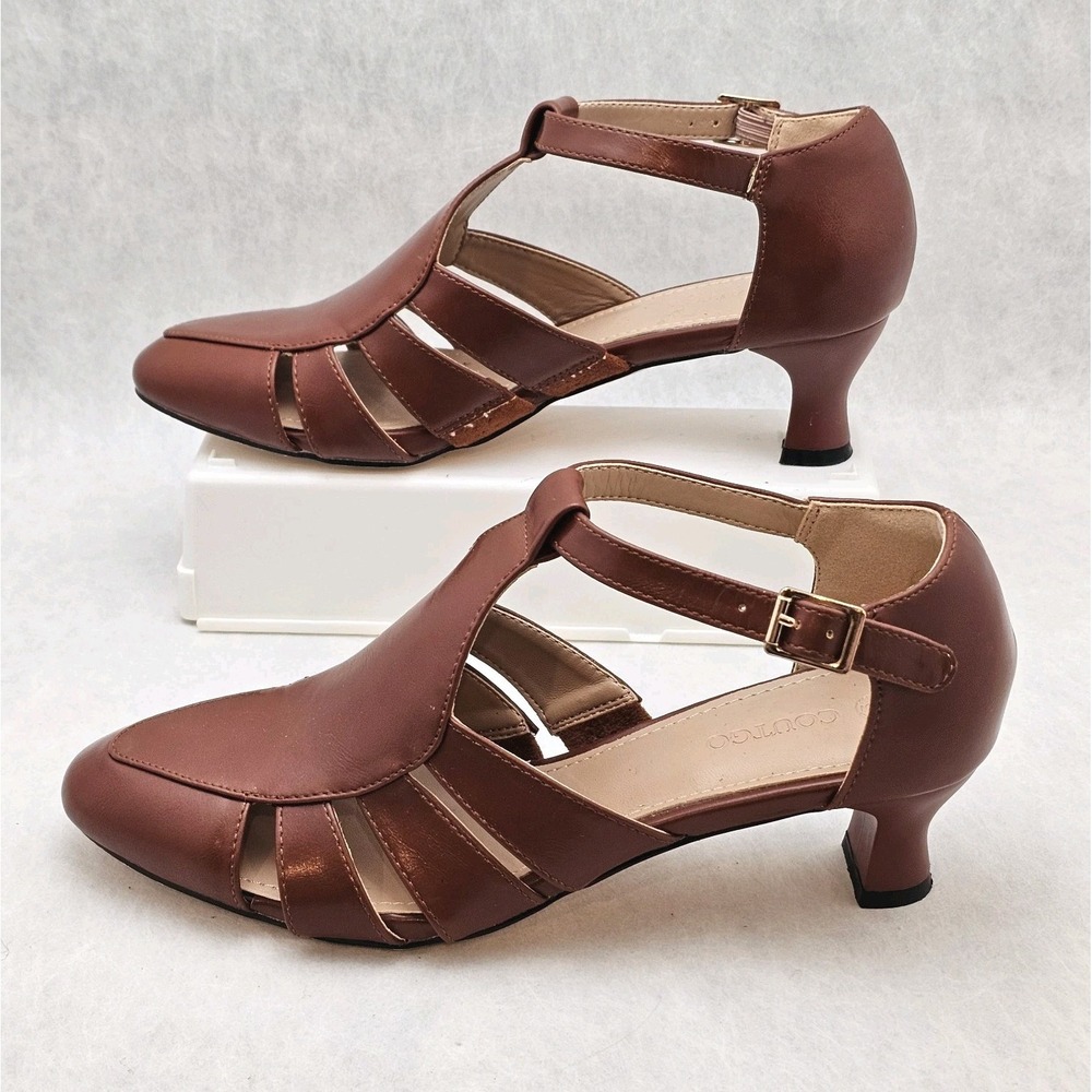 Coutgo Womens T-Strap Gladiator Caged Kitten Heels Shoes Brown Sz 6 EUC Vintage